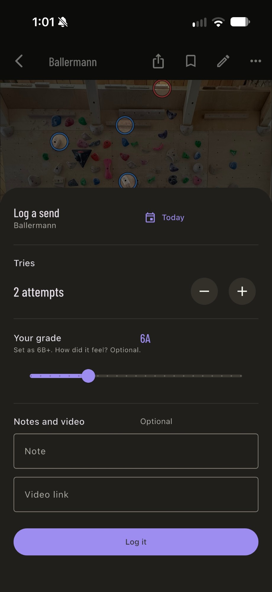 Logging a send: attempts, your grade on a slider, a note and a video link